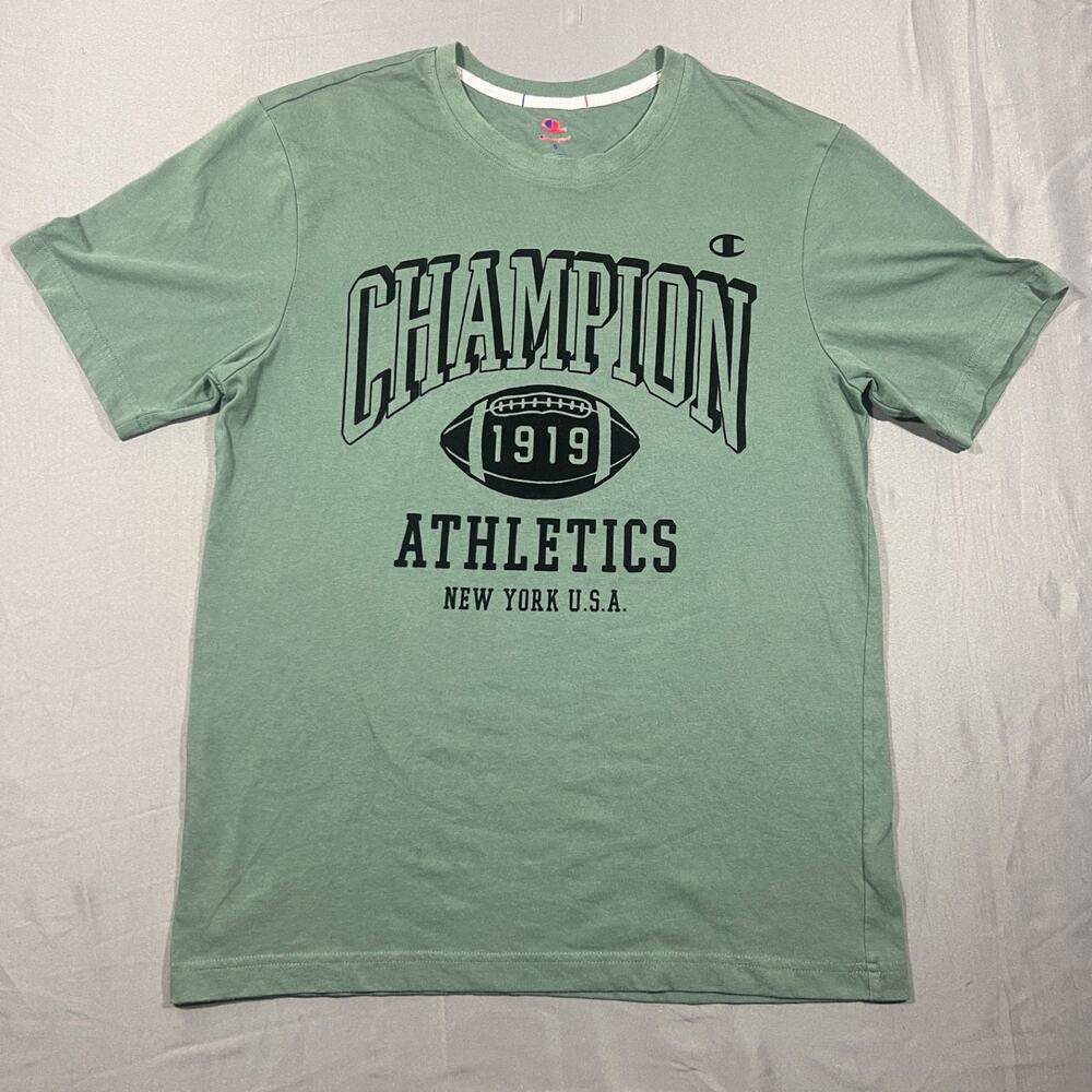 Champion T Shirt Mens Small Green Graphic Athletics 1919 Logo Casual Tee
